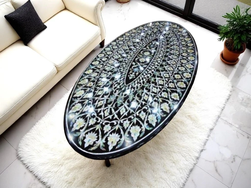 Elegant Oval Dining Table with Floral Mother-of-Pearl Inlay Gemstones